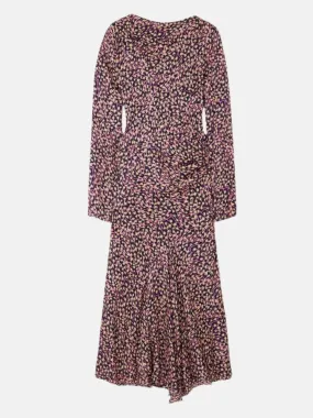 Asymmetric Gathered Crepe Midi Dress in Purple