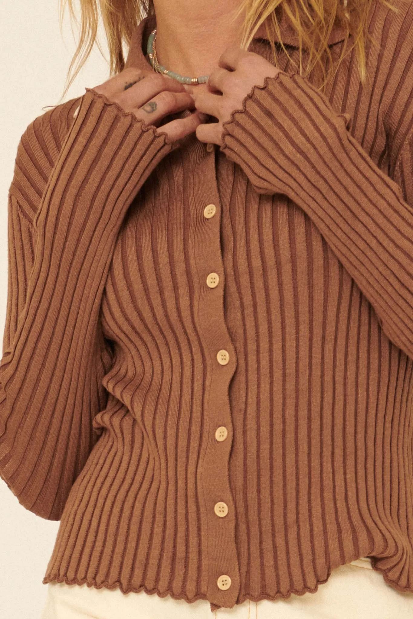 Best Self Button-Front Rib-Knit Sweater