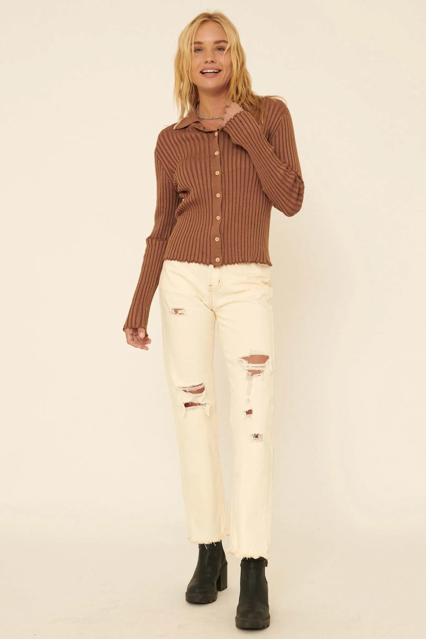 Best Self Button-Front Rib-Knit Sweater