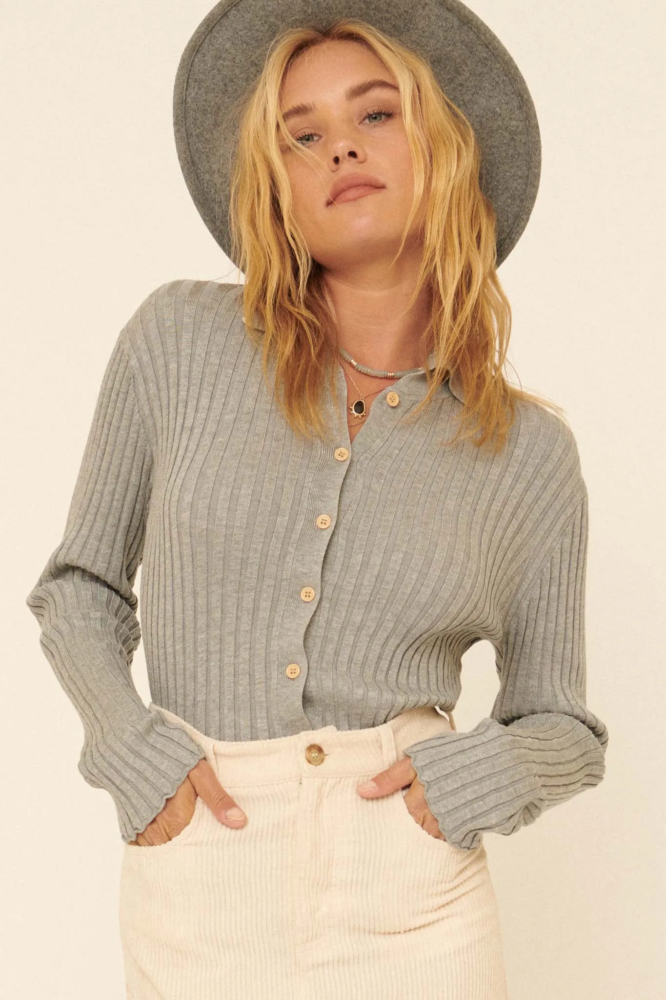 Best Self Button-Front Rib-Knit Sweater