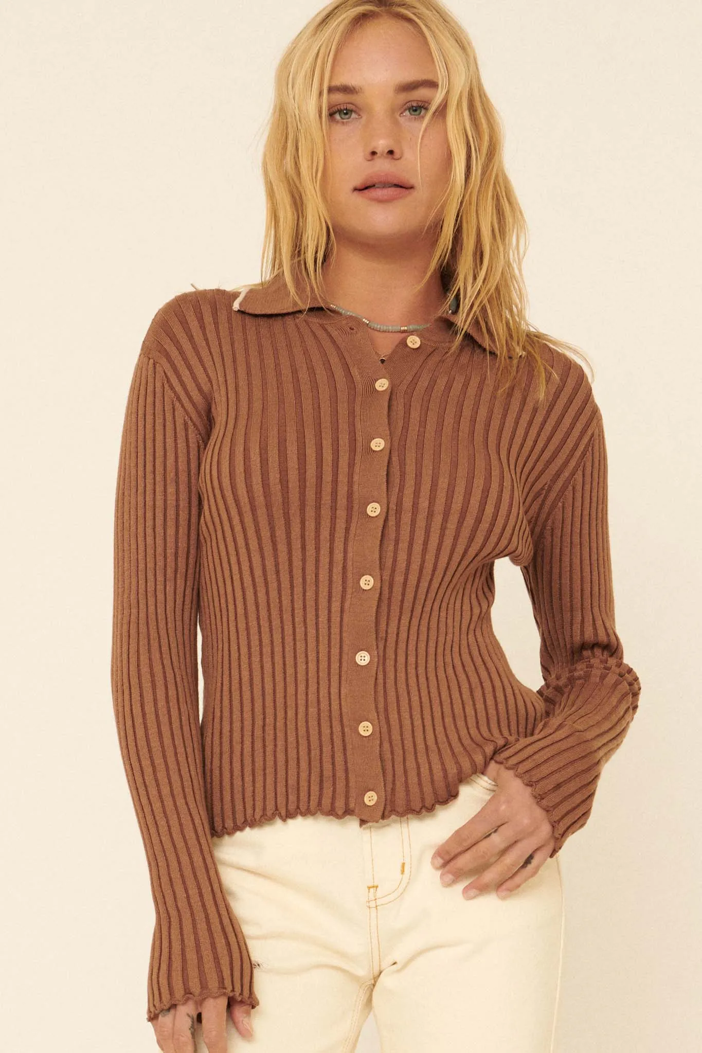 Best Self Button-Front Rib-Knit Sweater