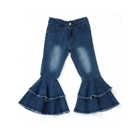 Blue Washed Double Layer Girls Bell Bottom Jeans