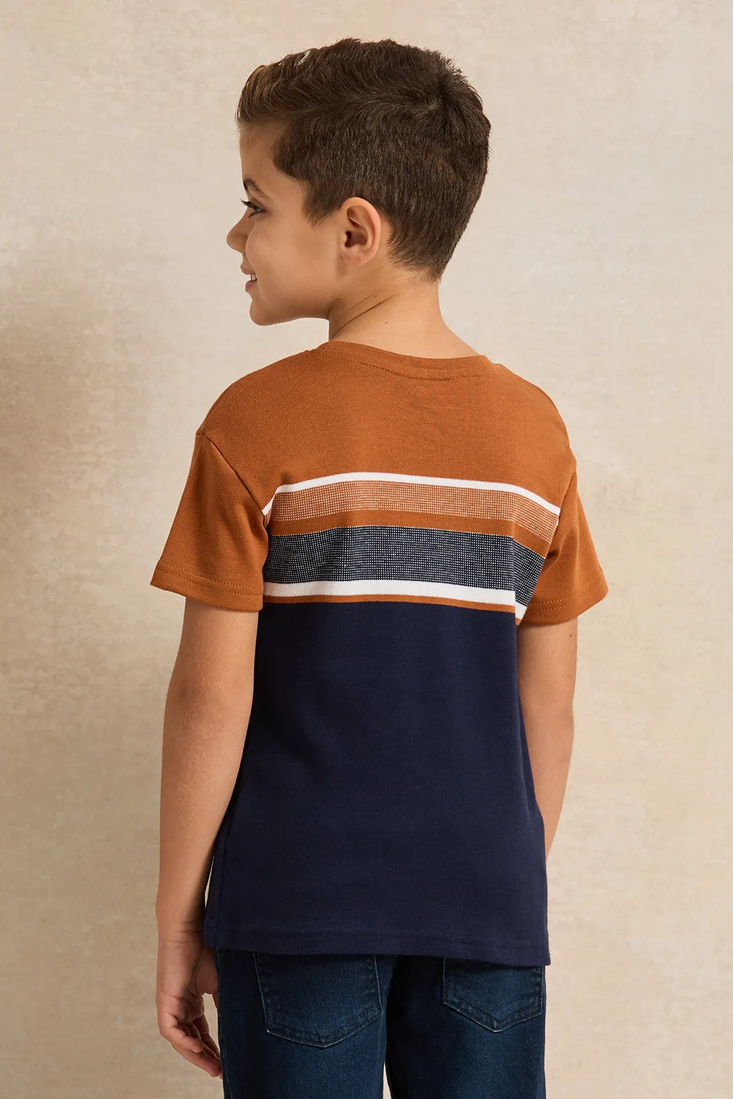 Boys Navy And Beige Striped T-Shirt