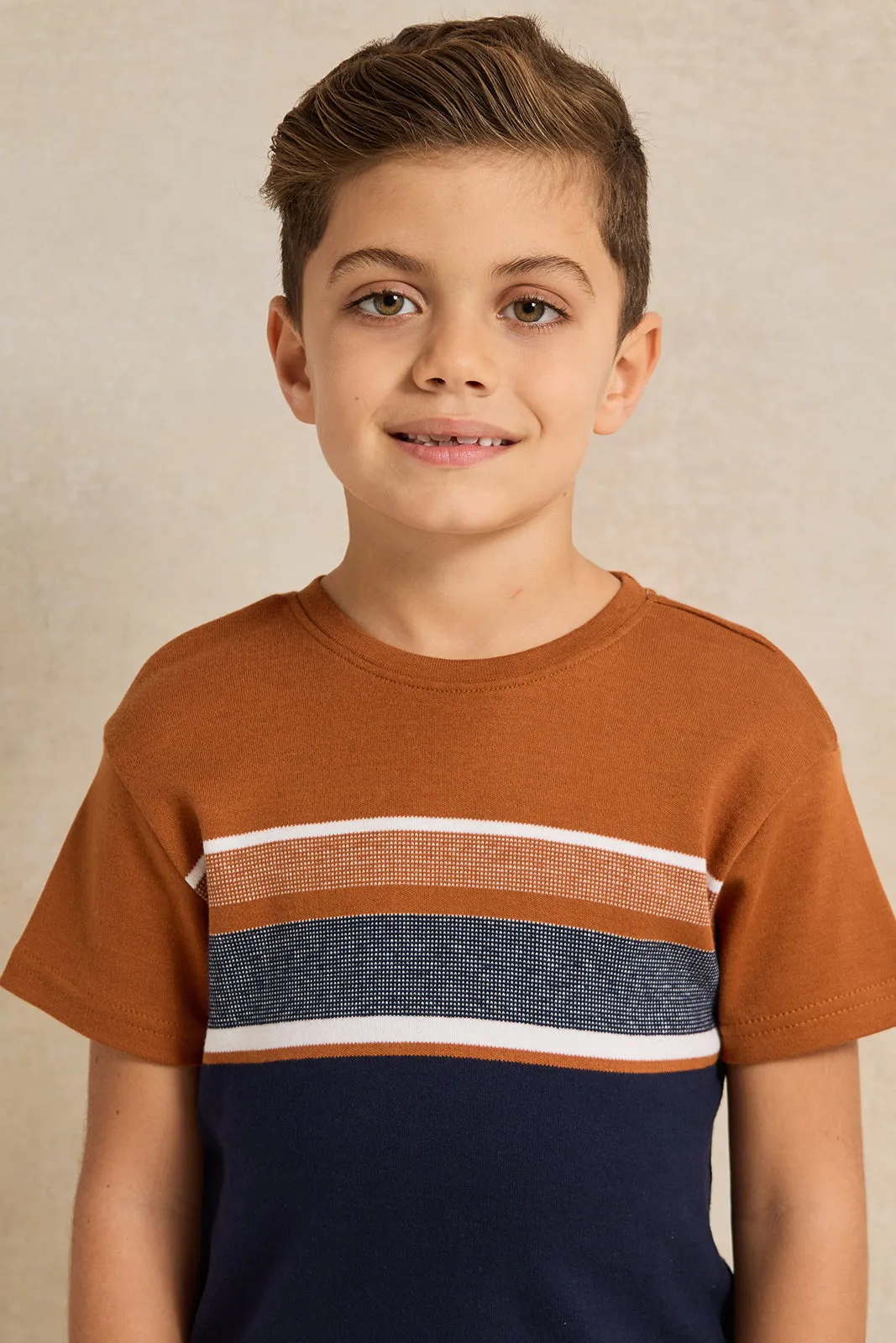 Boys Navy And Beige Striped T-Shirt