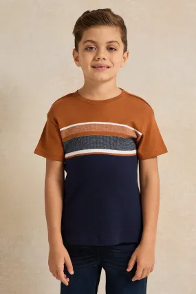 Boys Navy And Beige Striped T-Shirt