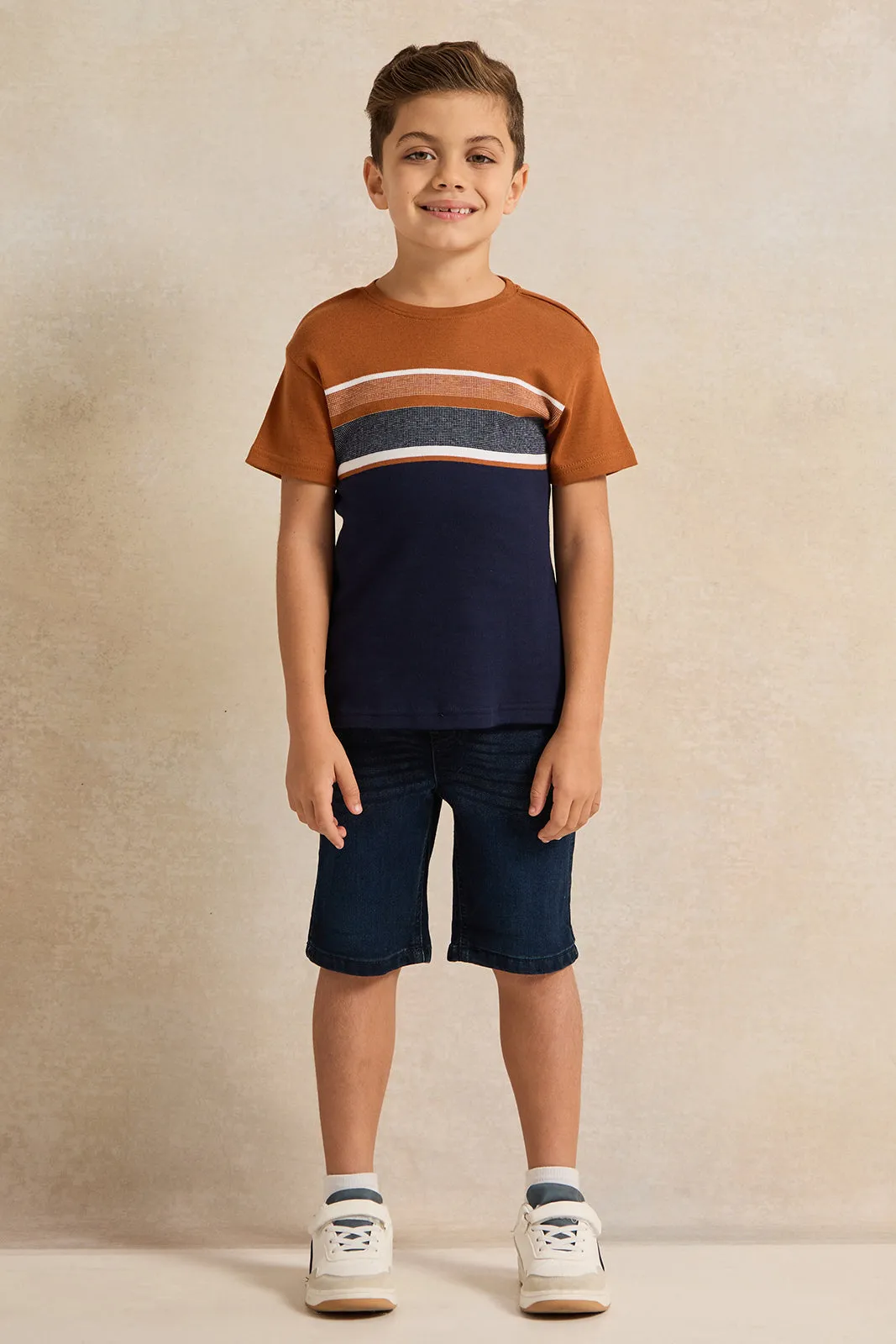 Boys Navy And Beige Striped T-Shirt