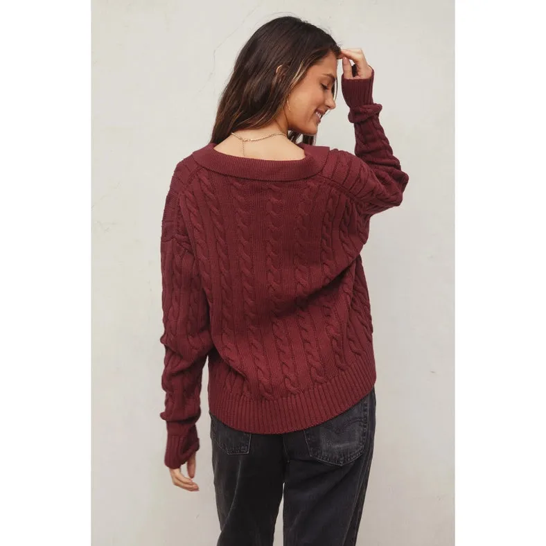 Cable Knit Collared Sweater BURGUNDY