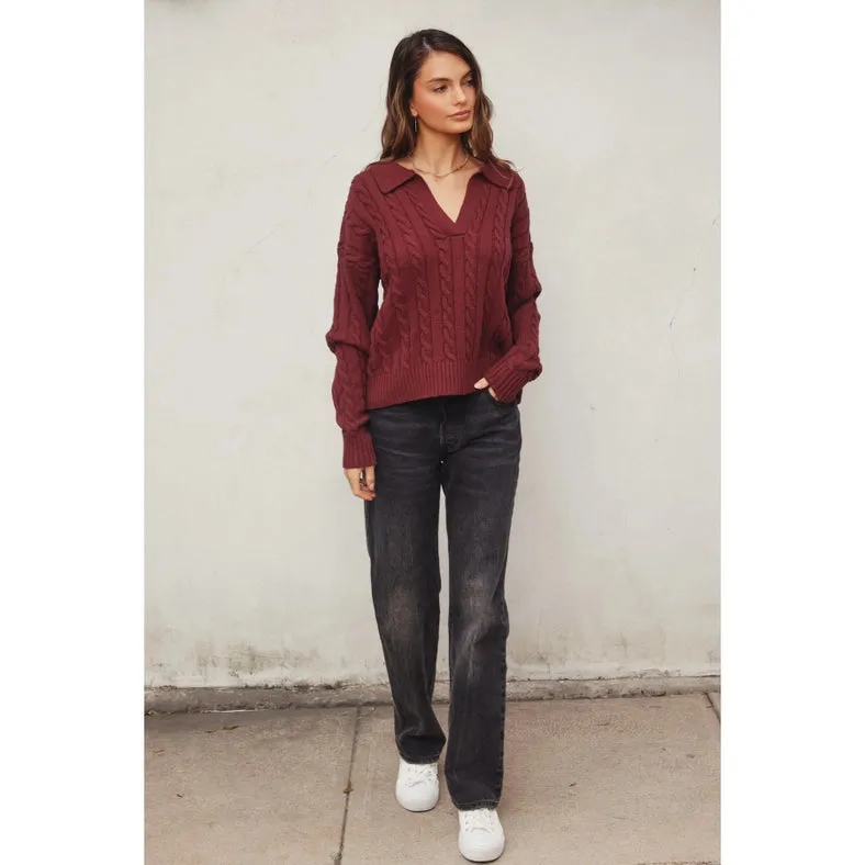 Cable Knit Collared Sweater BURGUNDY