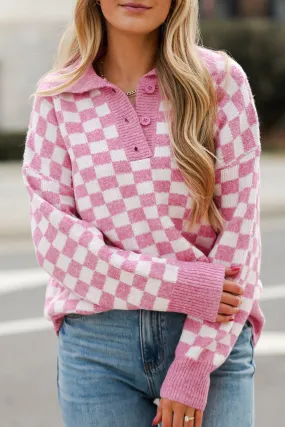 Checkered Buttons Collar V Neck Drop Shoulder Sweater