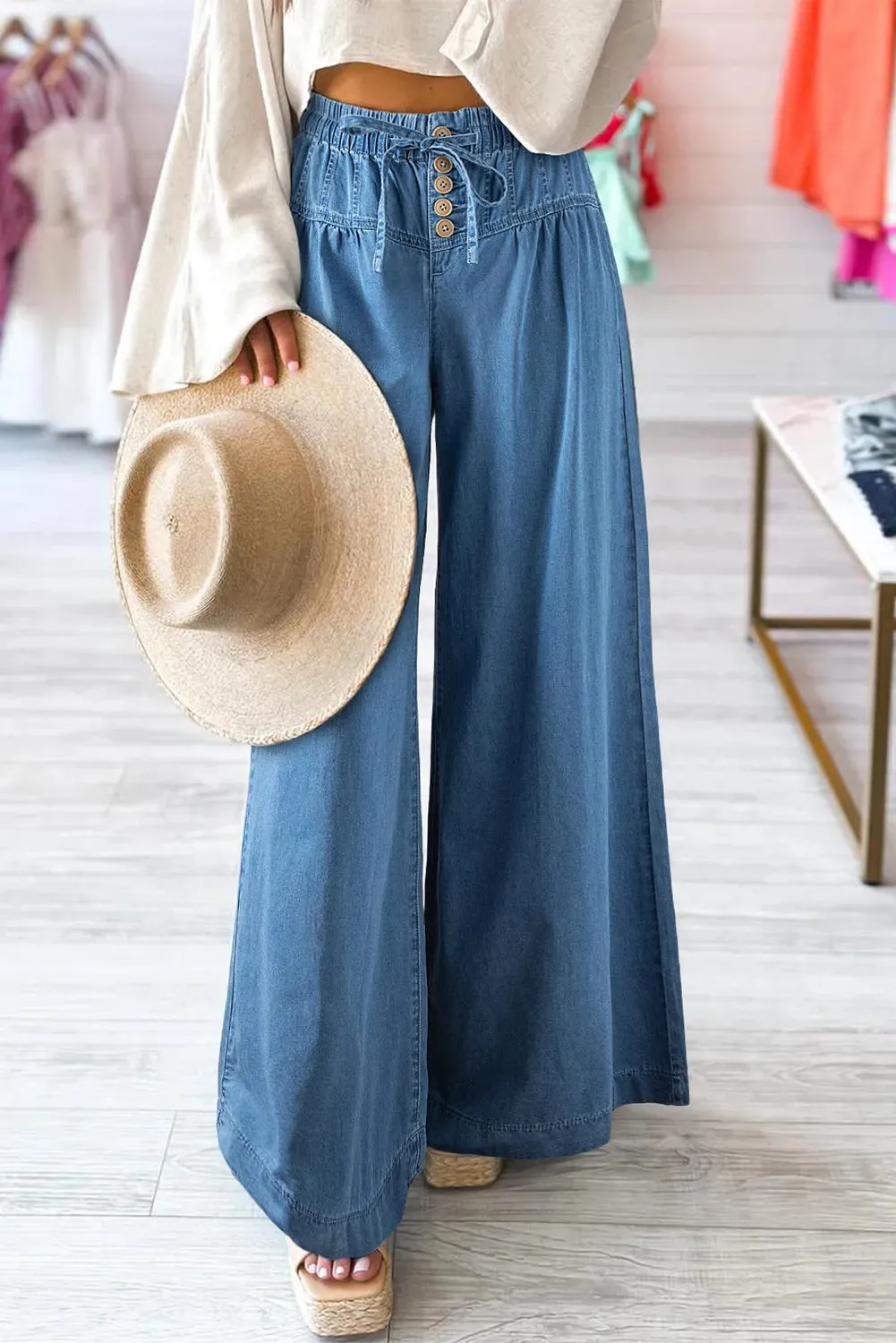 Comfortable Chic: Drawstring Elastic Waist Wide Leg Jeans