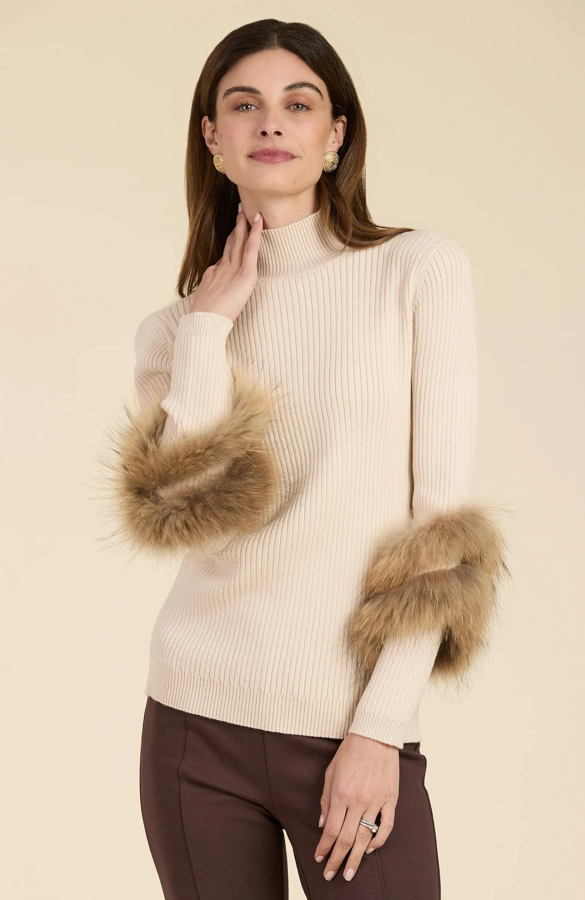 Cotton Cashmere Mock Neck Fur Sweater