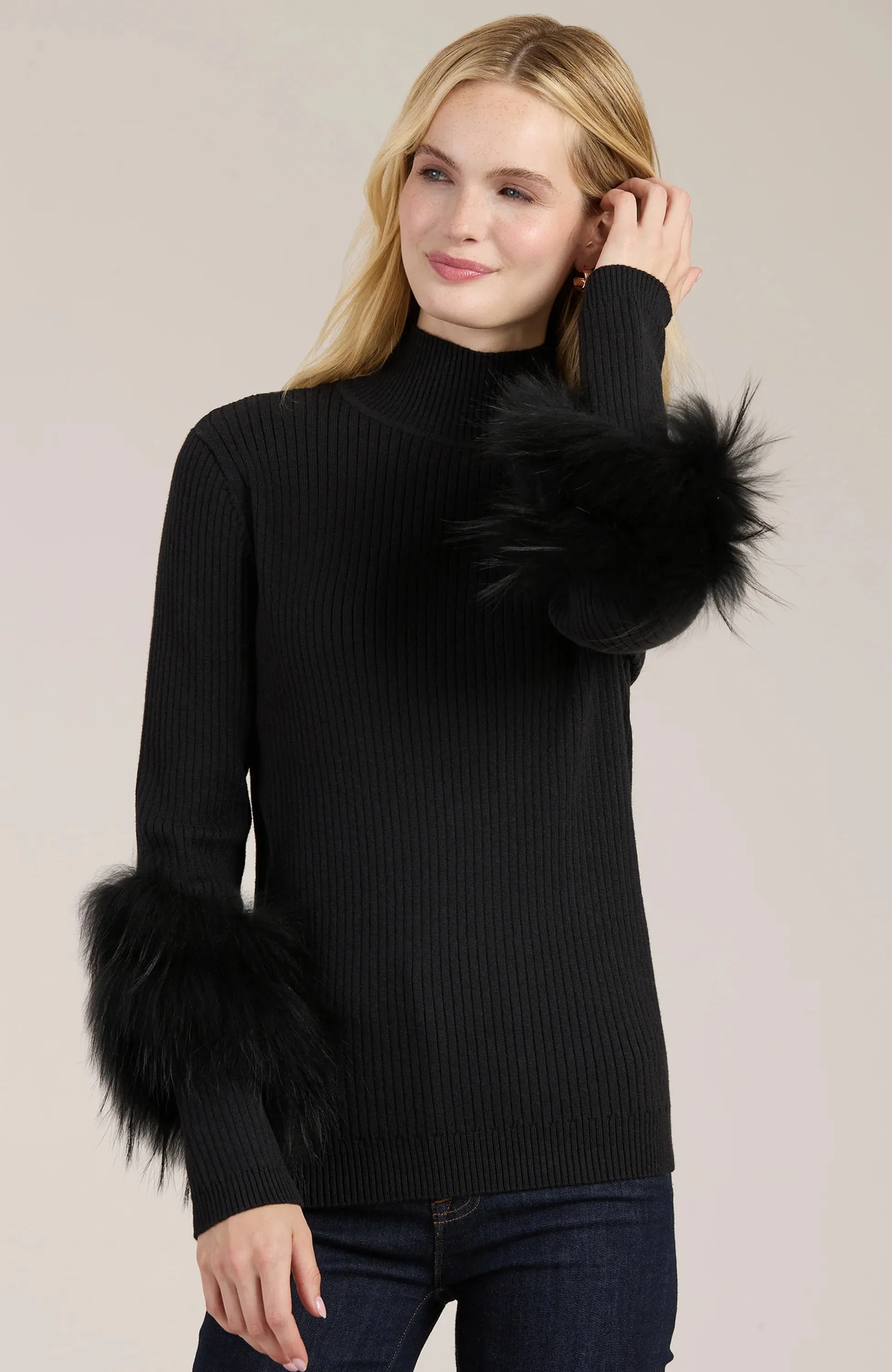 Cotton Cashmere Mock Neck Fur Sweater