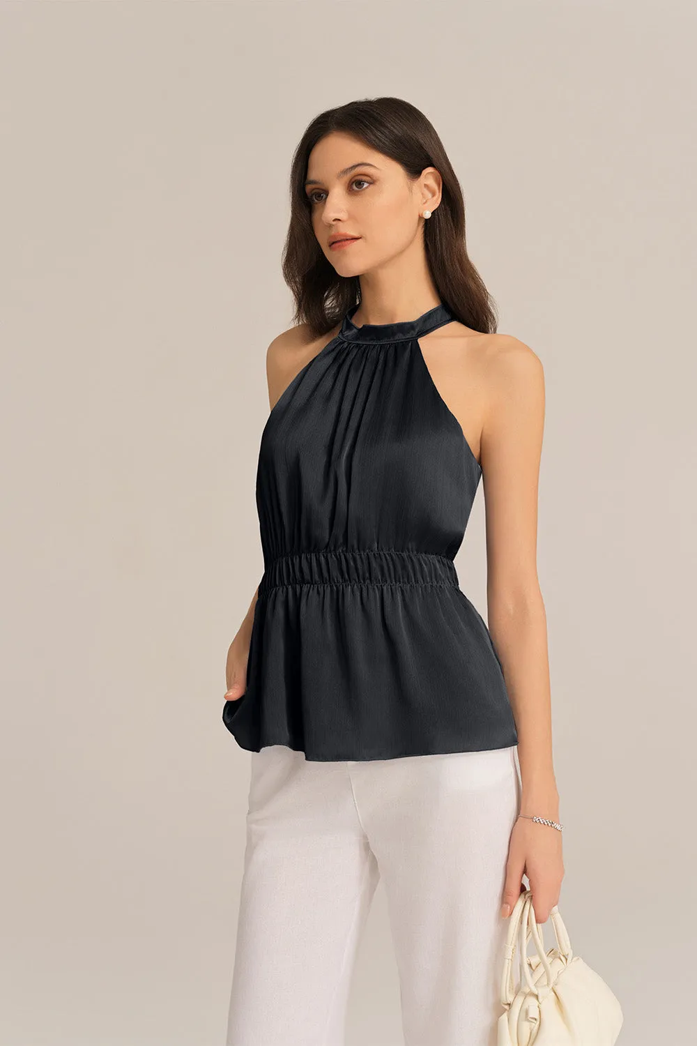 Cut-out Shoulder Keyhole Back Elastic Waist Halterneck Tops - Black