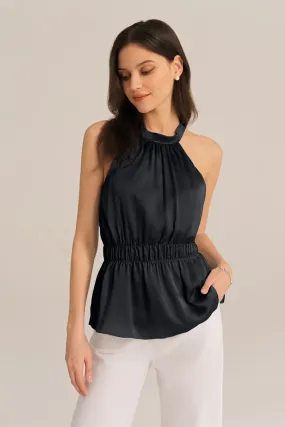 Cut-out Shoulder Keyhole Back Elastic Waist Halterneck Tops - Black