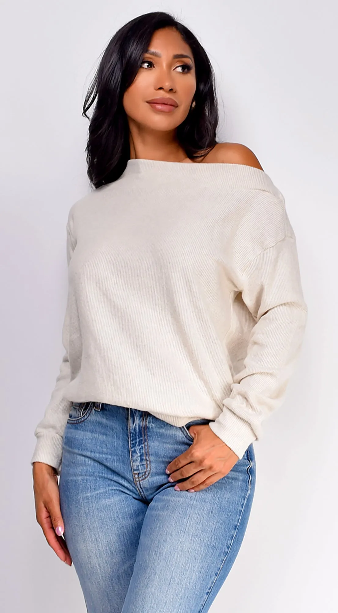 Edna Off Shoulder Sweater Top - Cream