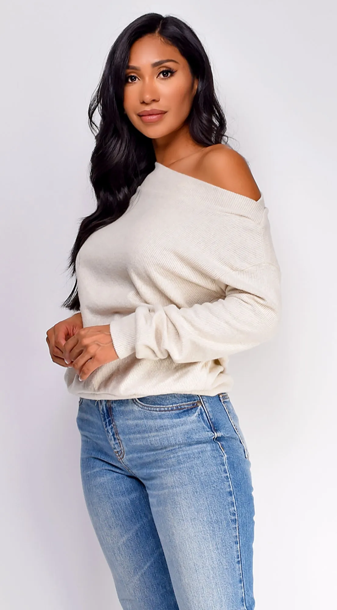 Edna Off Shoulder Sweater Top - Cream