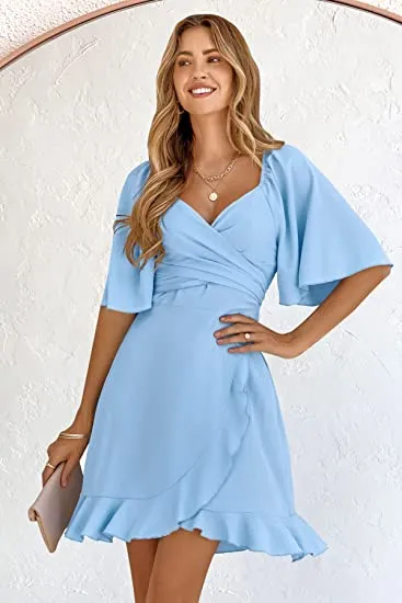 Elegant and Versatile: Women's Short Sleeve Wrap V-Neck Mini Dresses