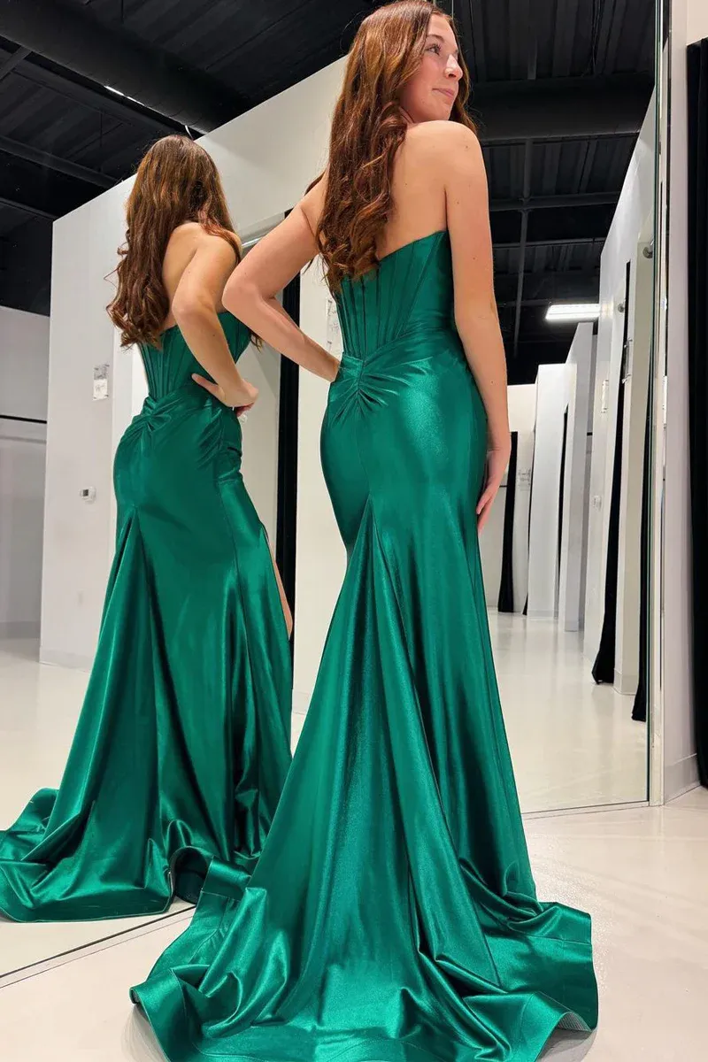 Emerald Satin Mermaid Long Prom Dresses with Detachable Shoulder Straps