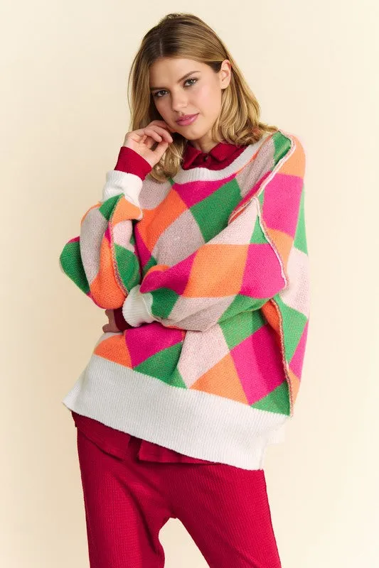 Exposed Seam Color Block Dropped Shoulder Sweater