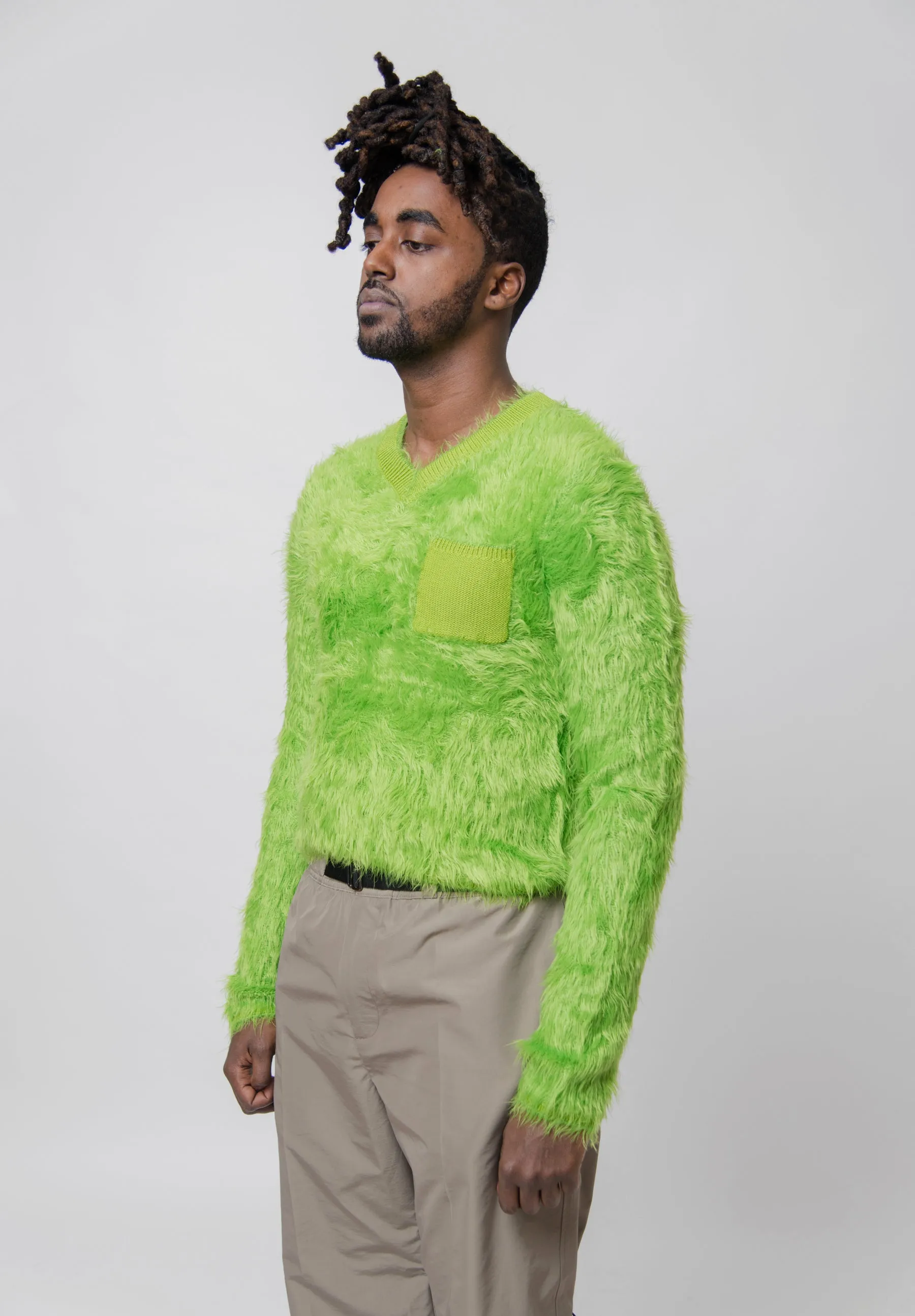 Fluffy V-Neck Sweater Apple Green KNIT000376