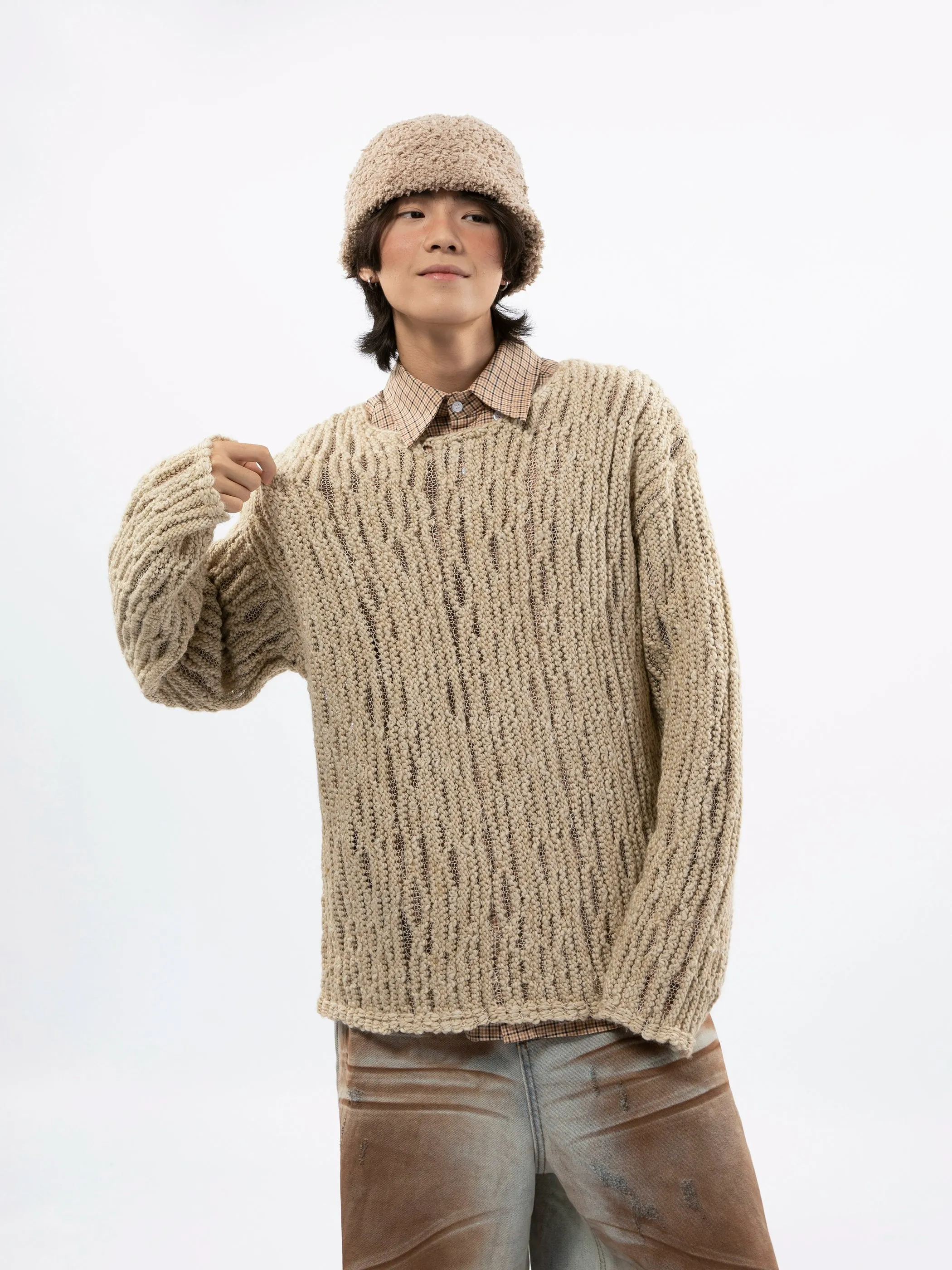 Fuzzy Open Knit Lightweight Pullover Sweater