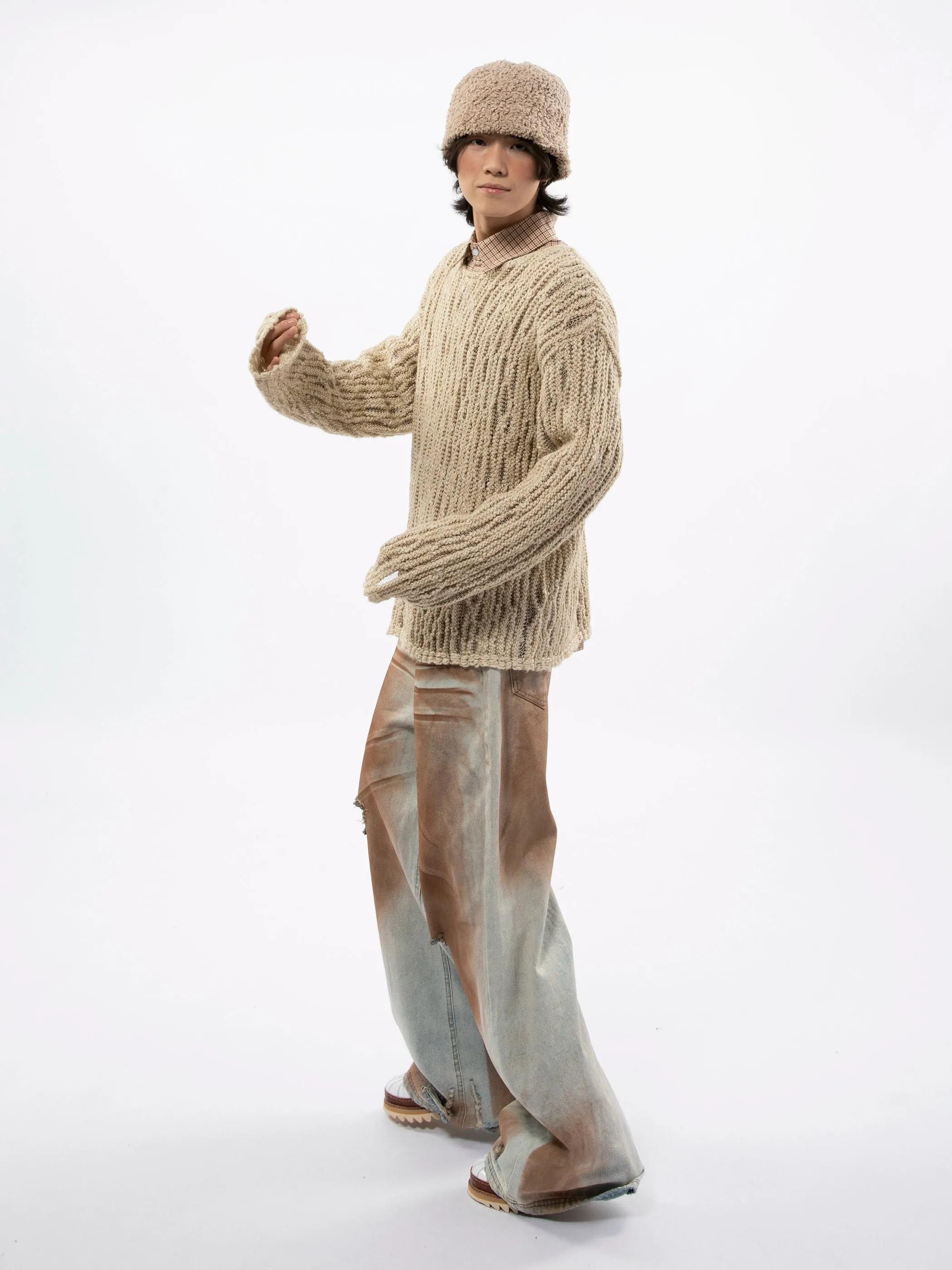 Fuzzy Open Knit Lightweight Pullover Sweater