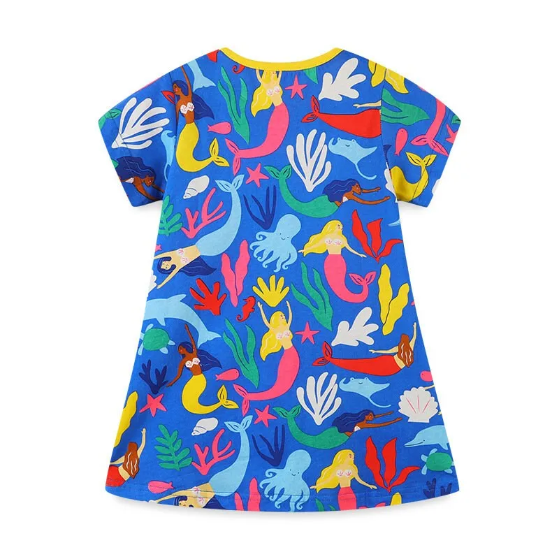 Girls Mermaid Pattern Short Sleeve Pocket Baby Girl dress