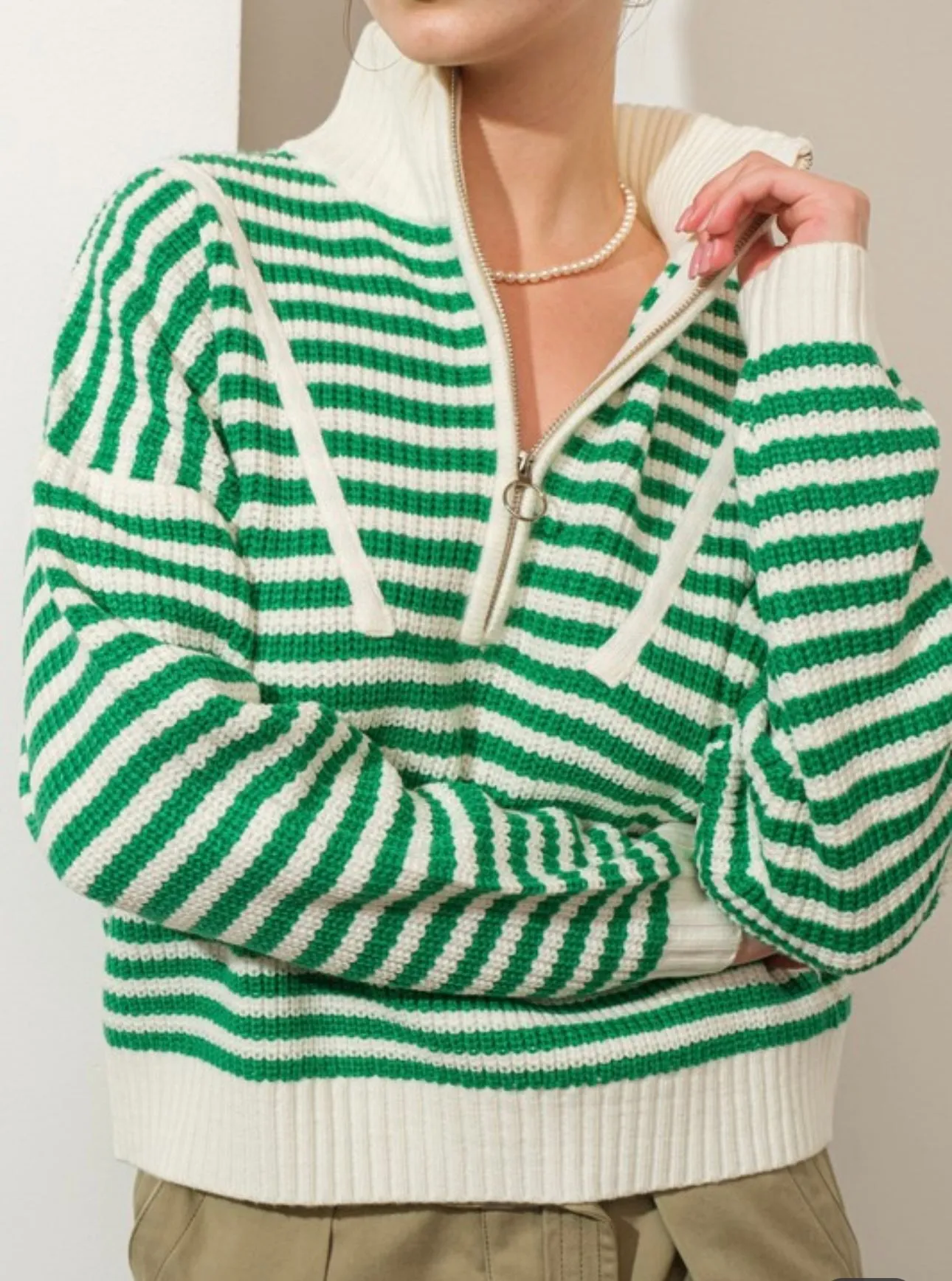 Green W/ Envy Half=Zip Stripe Sweater