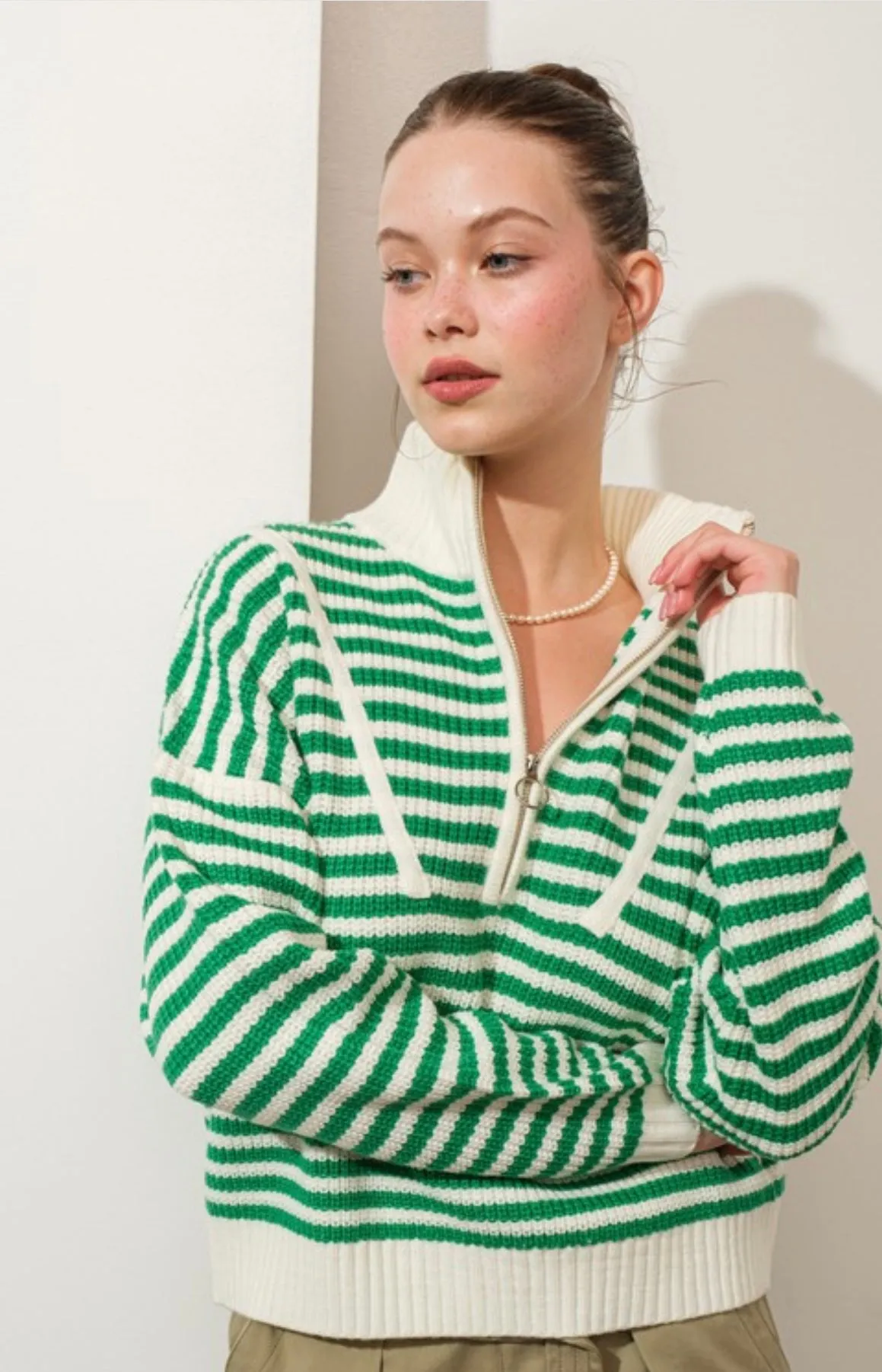 Green W/ Envy Half=Zip Stripe Sweater