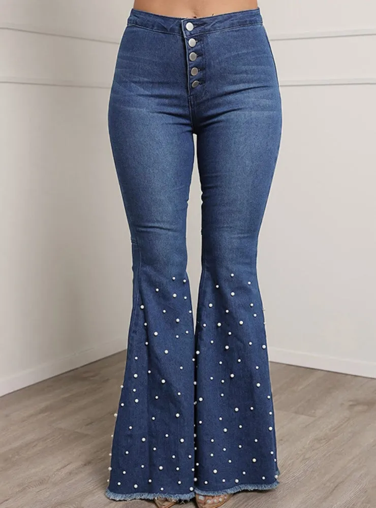 High Waist Elastic Slim Beaded Bell Pant