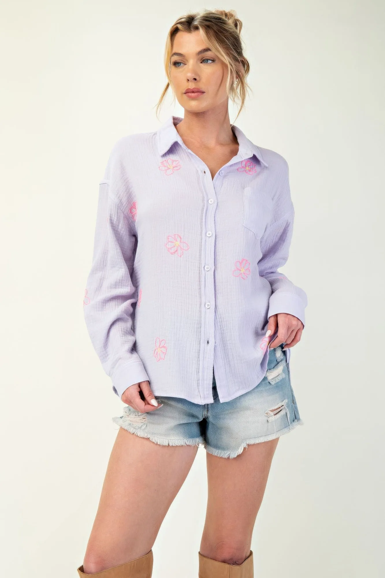 Hot Girl Flower Embroidered Cotton Gauze Button Down Long Sleeve Shirt In Lavender