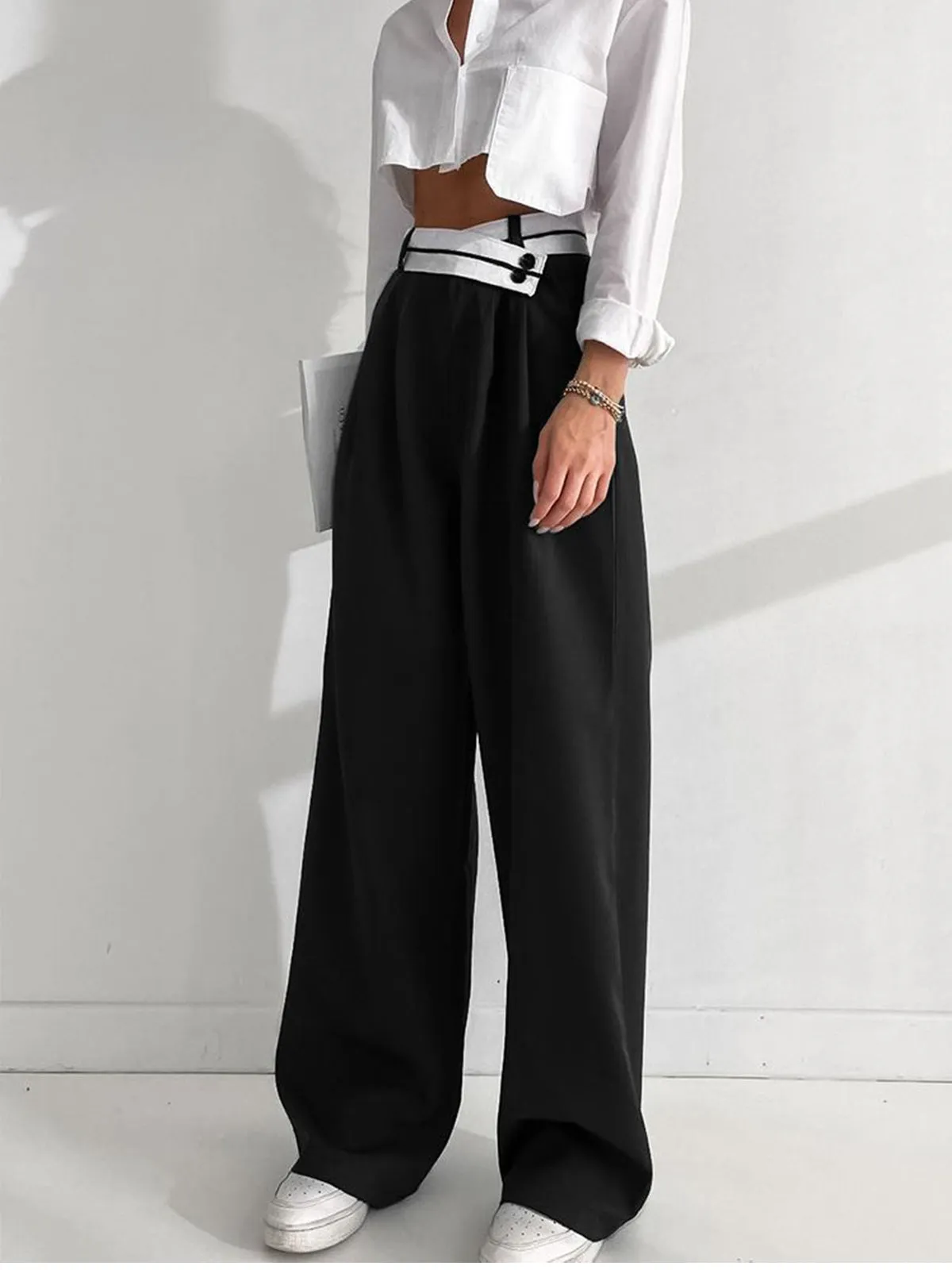 Ivyshape | Asymmetrical Contrast Waistband Wide Leg Pants for Women