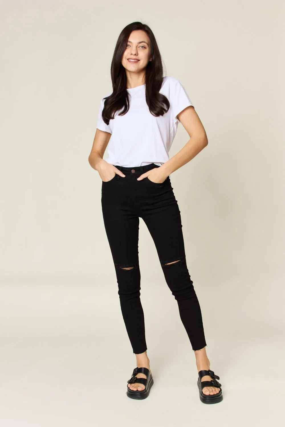 Judy Blue Distressed Tummy Control High Waist Skinny Jeans in Black