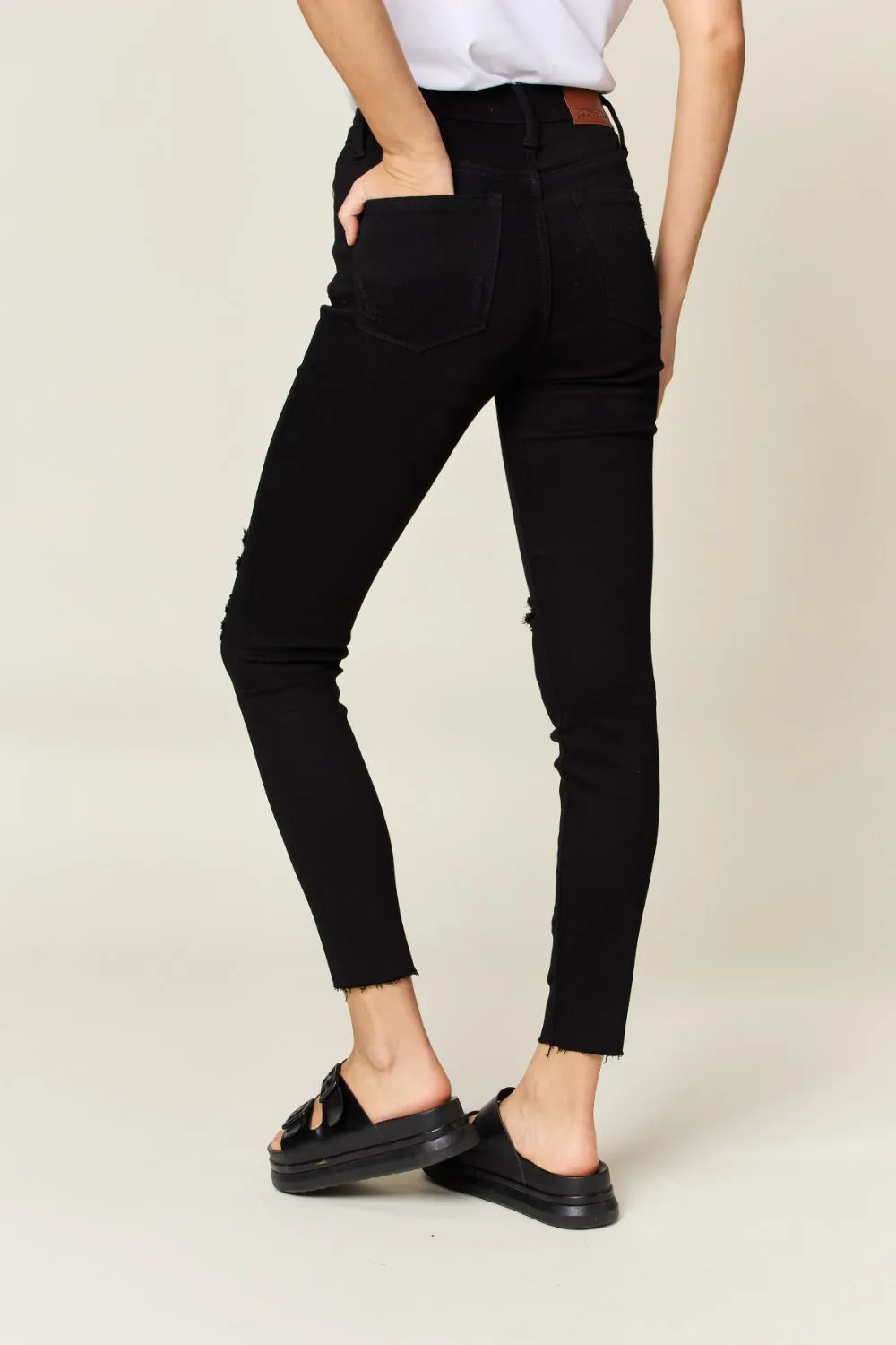 Judy Blue Distressed Tummy Control High Waist Skinny Jeans in Black