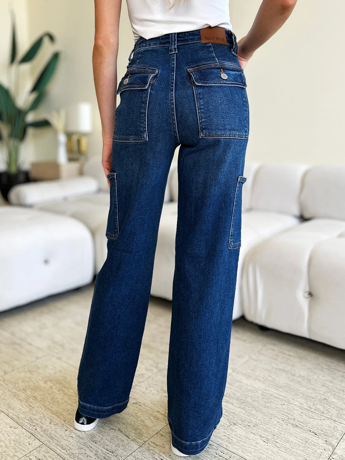 Judy Blue High Waist Straight Cargo Jeans in Dark Blue