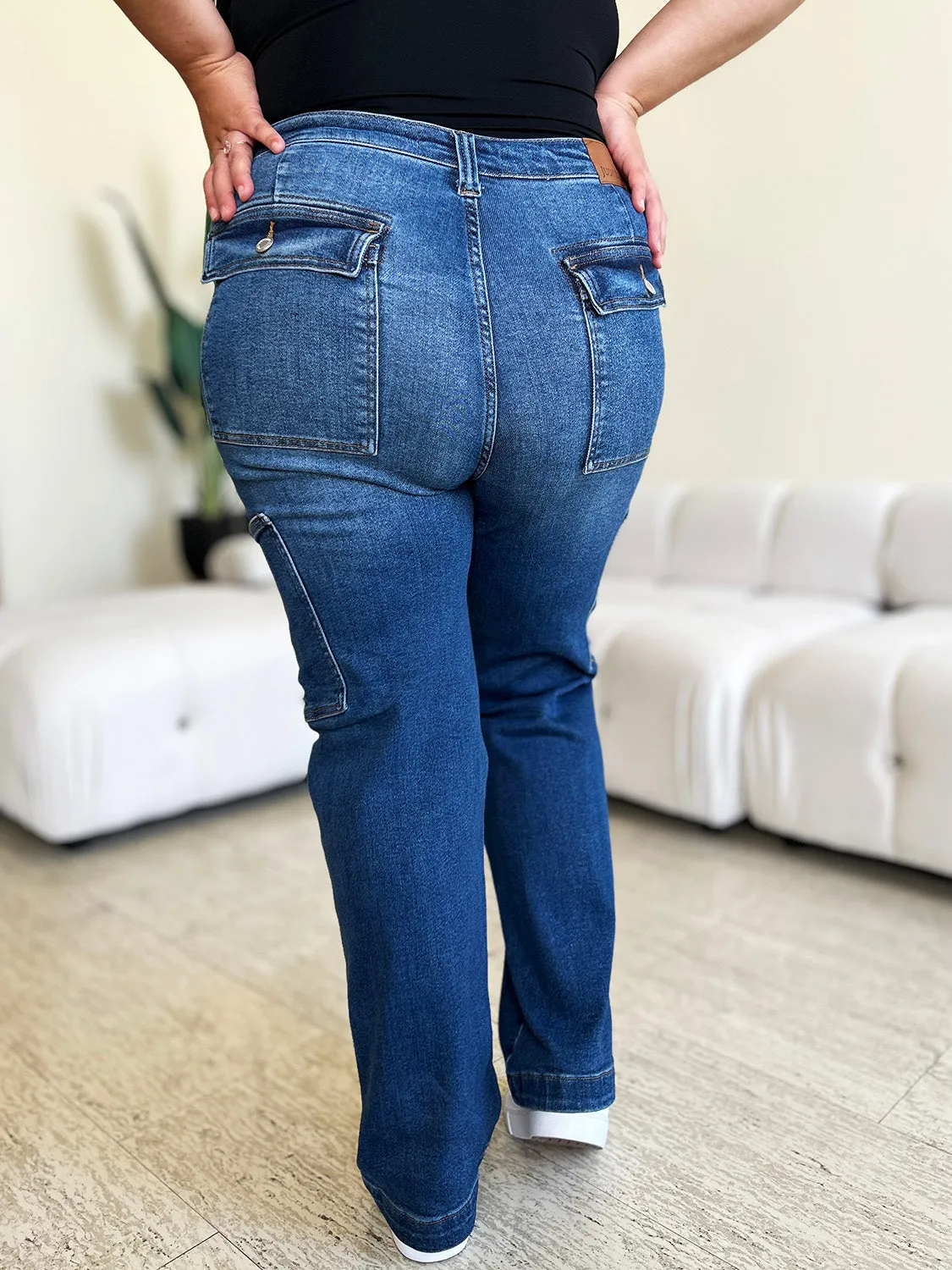 Judy Blue High Waist Straight Cargo Jeans in Dark Blue