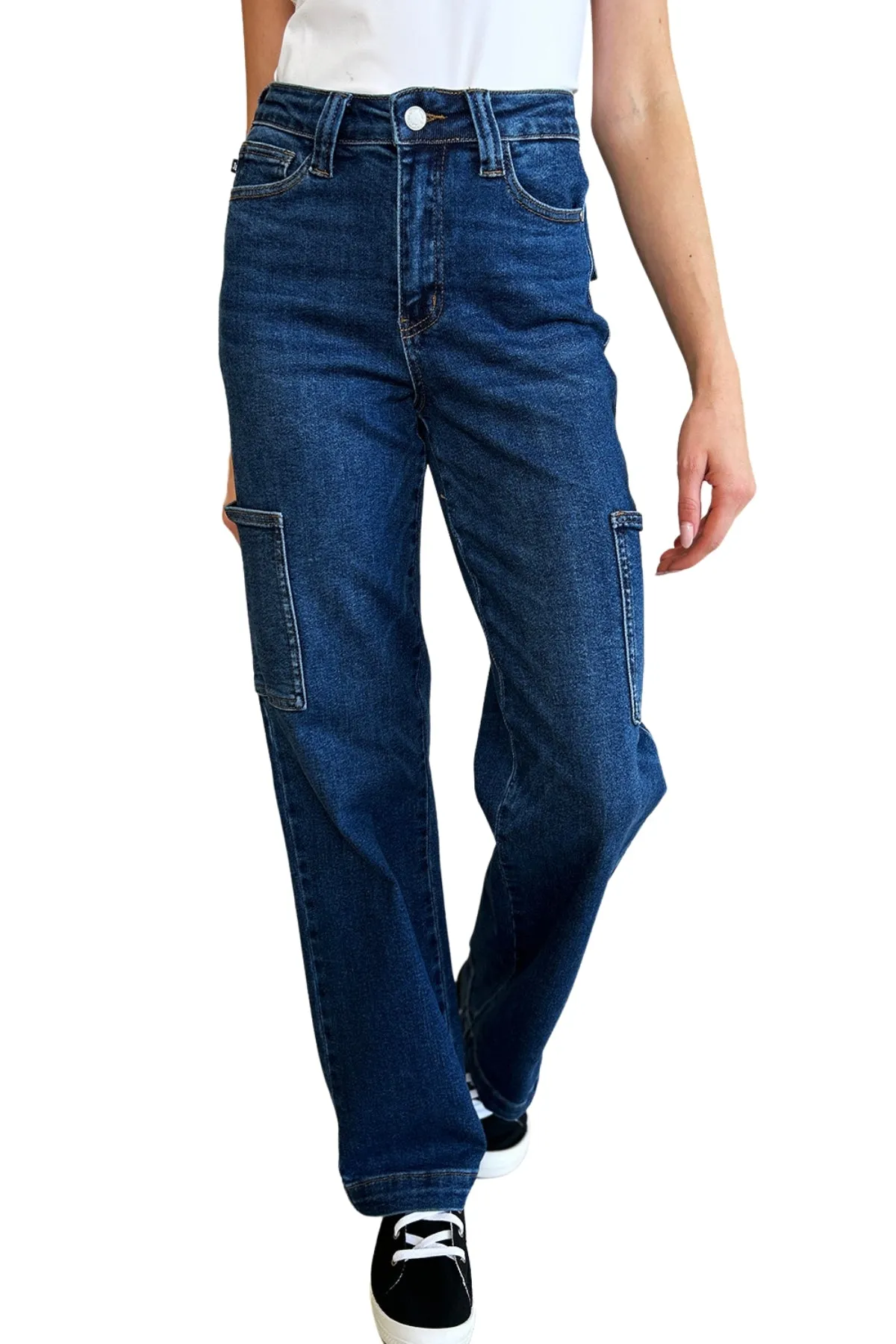 Judy Blue High Waist Straight Cargo Jeans in Dark Blue