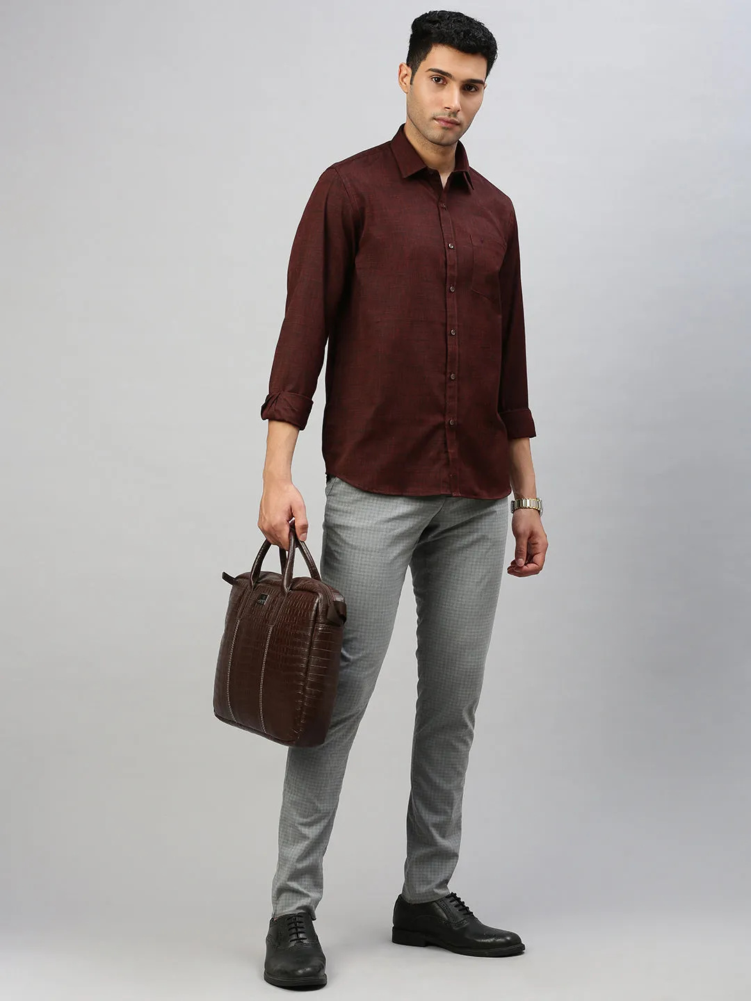 Men Cotton Blend Shirt Brown T33 TI3