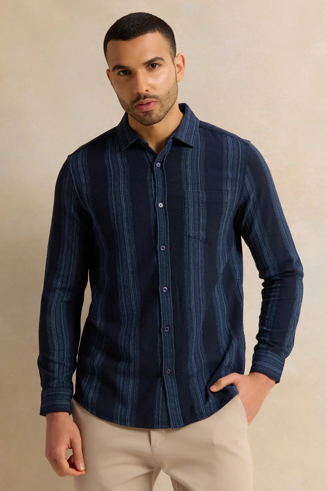 Men Navy Striped Casual Shirt