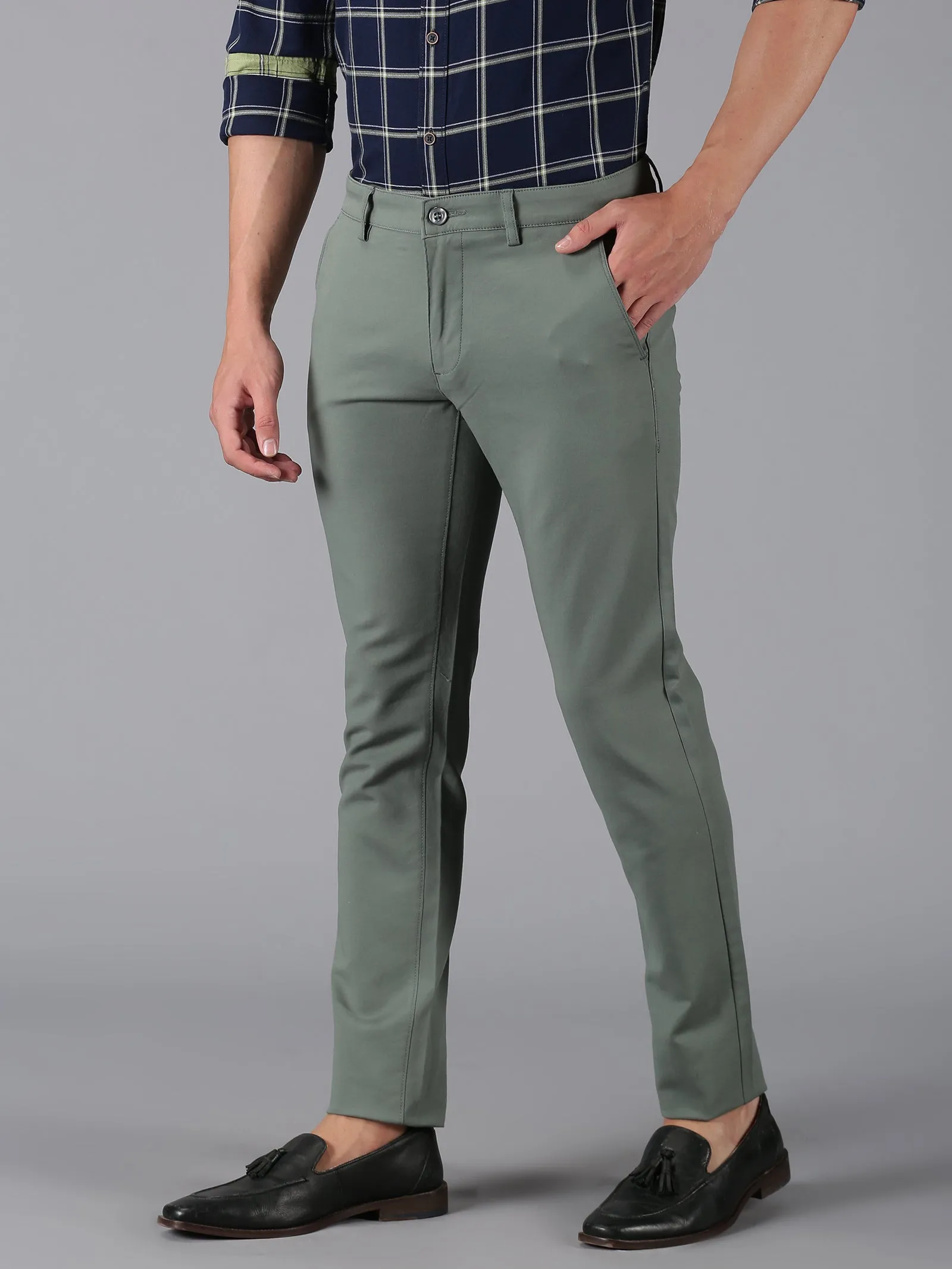 MEN'S OLIVE GREEN SOLID SLIM FIT TROUSER