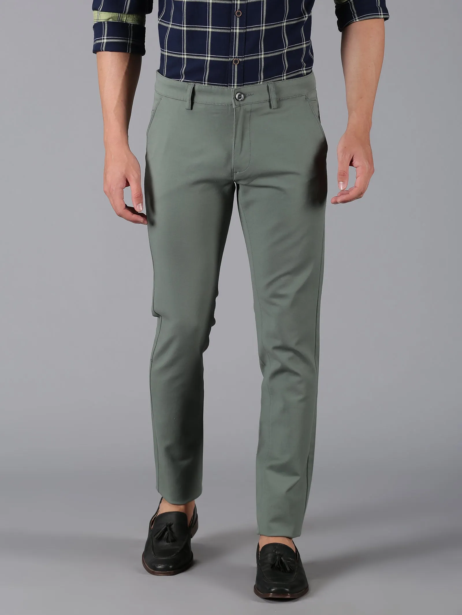 MEN'S OLIVE GREEN SOLID SLIM FIT TROUSER