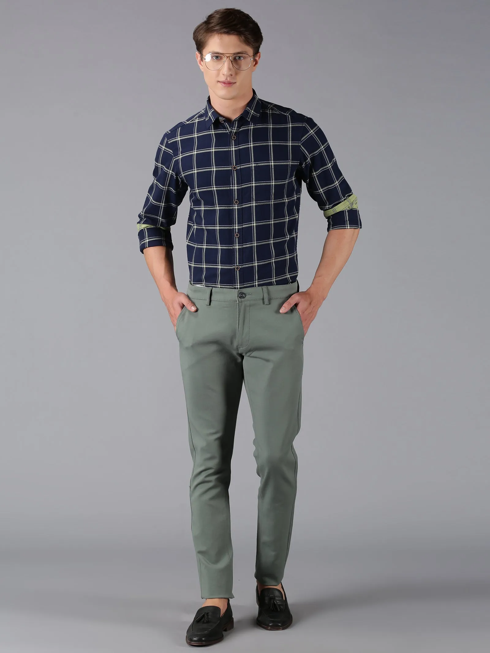 MEN'S OLIVE GREEN SOLID SLIM FIT TROUSER