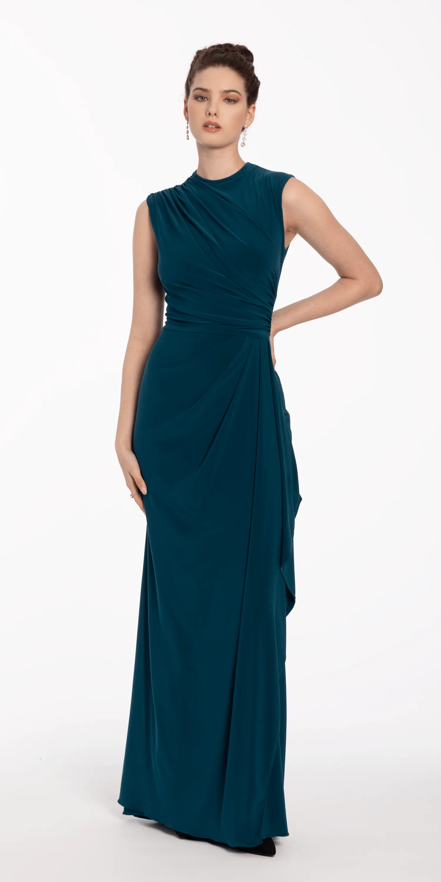 Mock Neck Jersey Side Ruched Sheath Dress