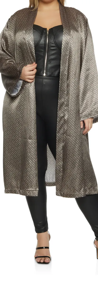 Plus Size Mid-Length Elegant Oversized Lightweight Open Front Coverup Kimono Duster Robe, OPEN HEARTED