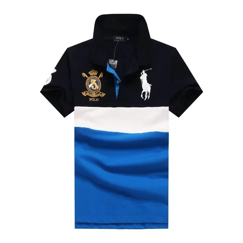 PRL Classic Striped Big Pony Rugby Logo Shirt- White Navy Blue Royal Blue