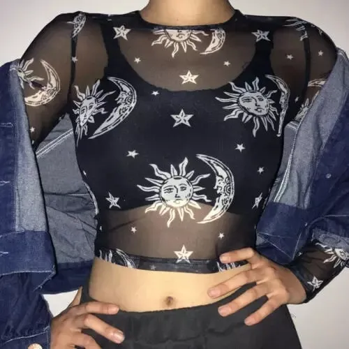 Sheer Mesh Black going out tops Stars sun moon long sleeve shirt funky 90s trendy see through white