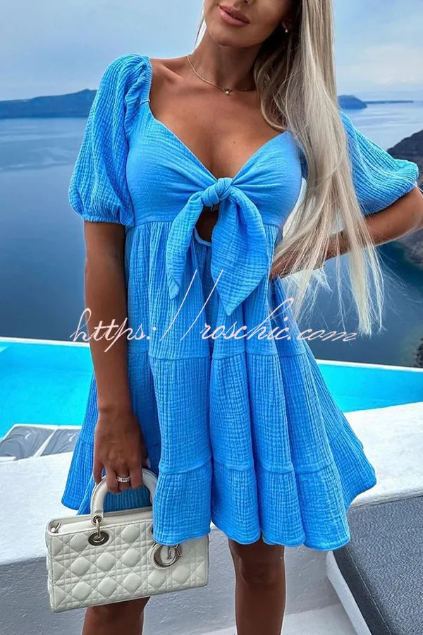 Solid Color Versatile Lace-Up V Neck Balloon Sleeve Mini Dress