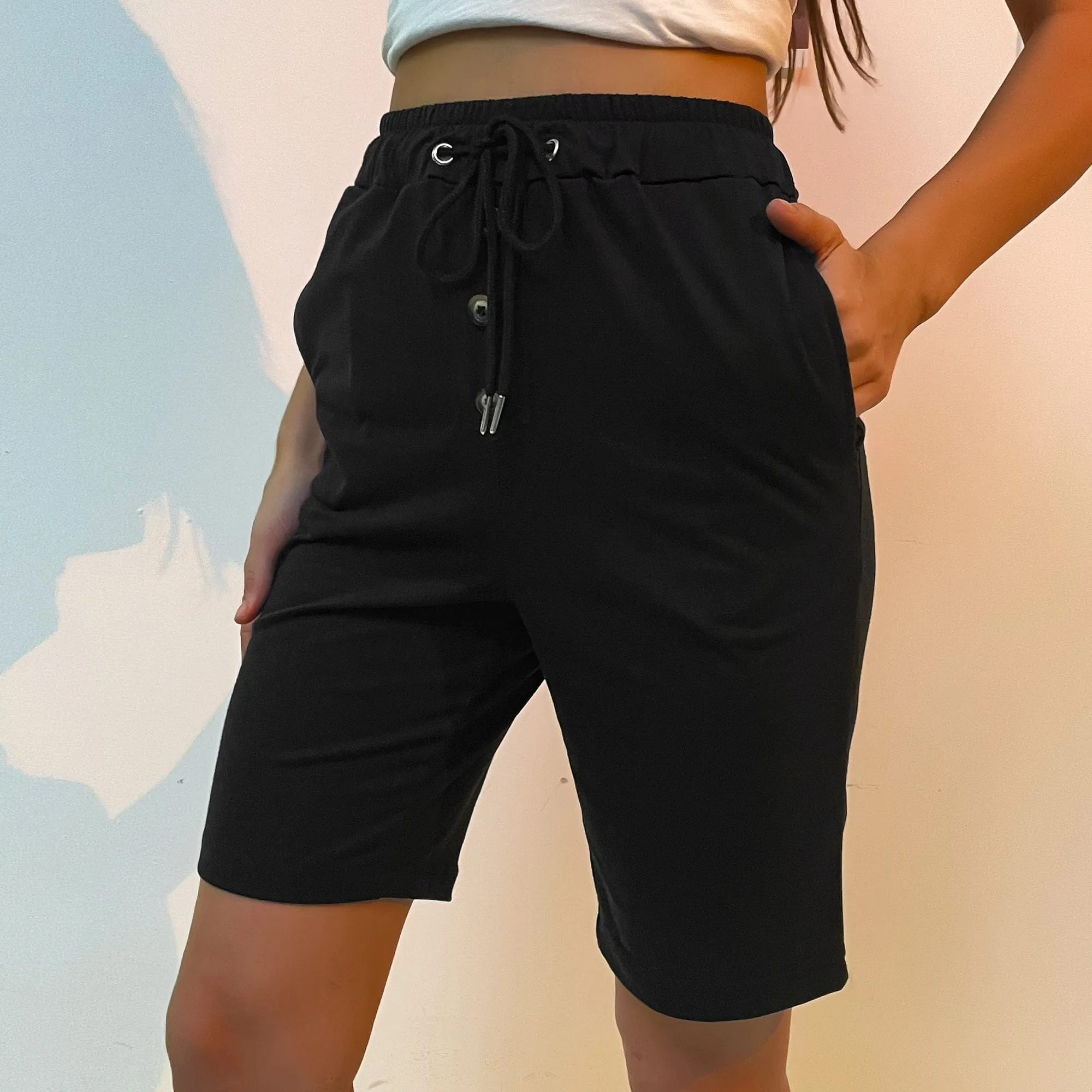 Solid Drawstring Bermuda Shorts