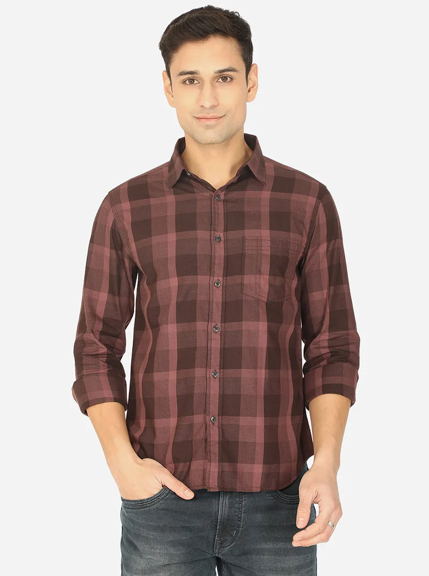 Stone Brown Checked Slim Fit Semi Casual Shirt | Greenfibre