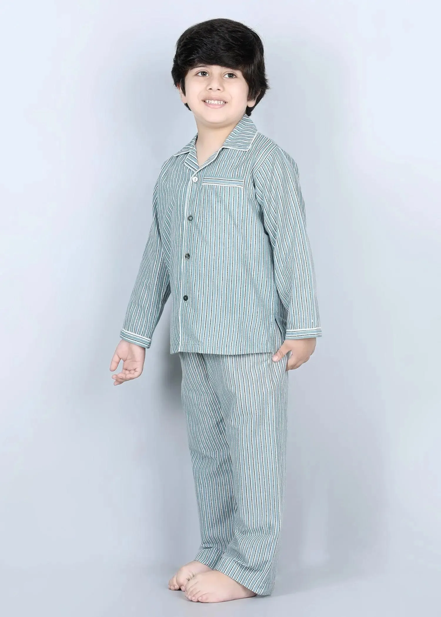 Stripes Green Cotton Full Sleeves Night Suit (1-12 Years)